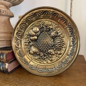 VTG Brass Tone Metal Fruit Relief Plate Wall Hanging Plaque 12" England 1950-60s